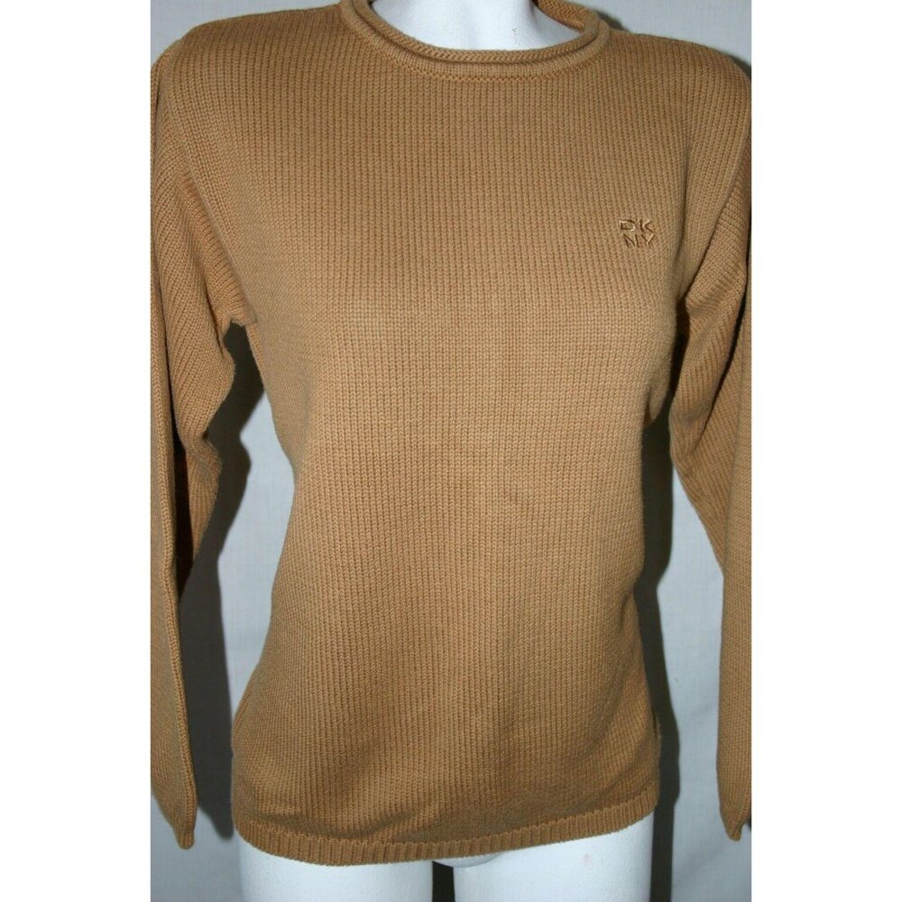 DKNY Womens Ribbed Knit Camel Sweater Long Sleeve Crewneck  Size Medium